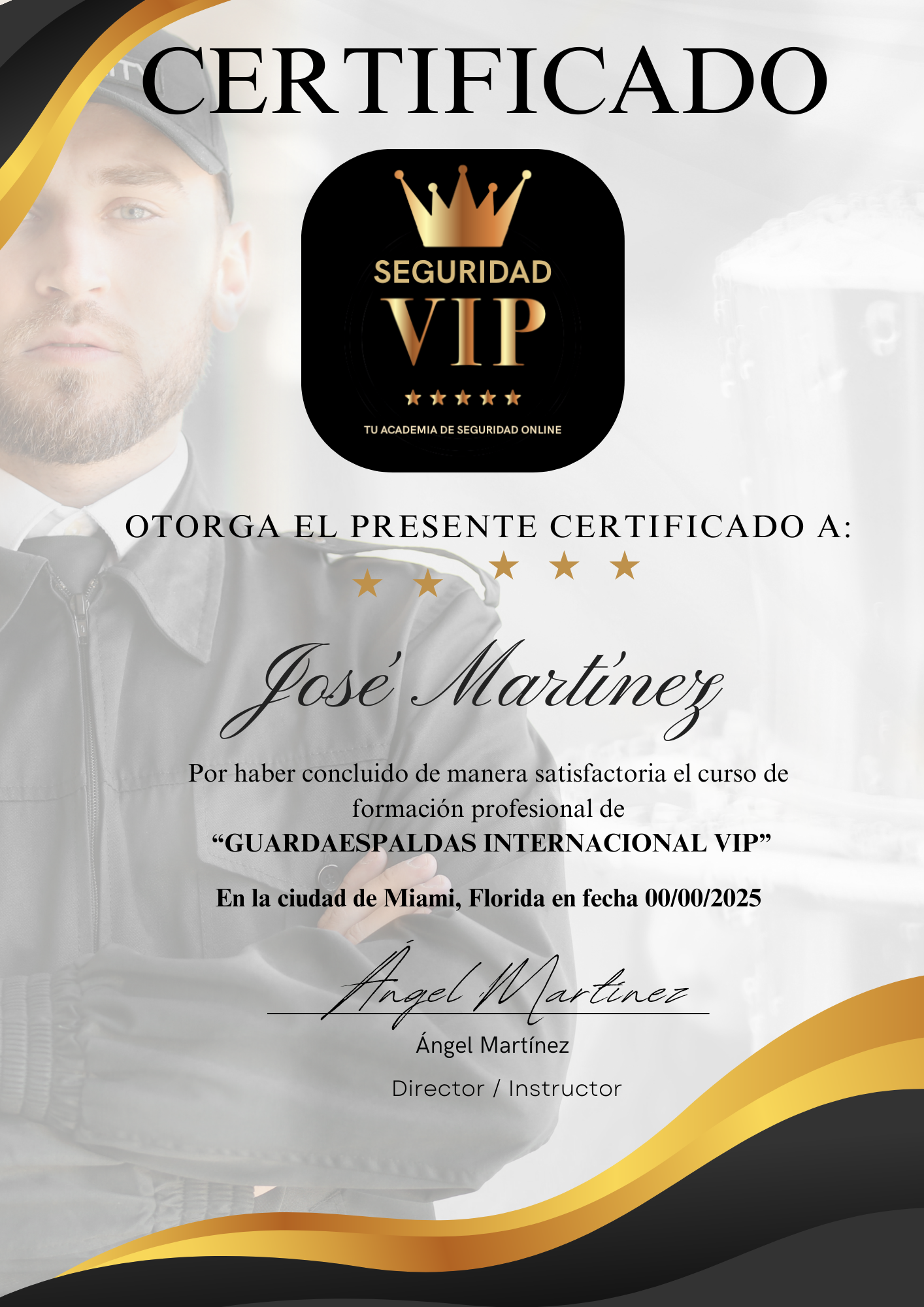 Certificado oficial del curso de capacitación como guardaespaldas internacional emitido por Seguridad VIP.